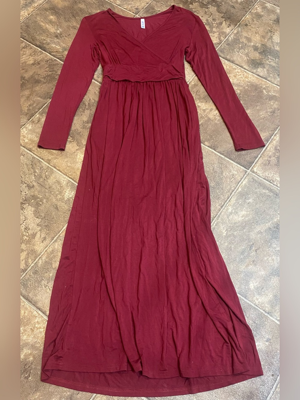 Women’s Long Sleeve Maxi Dress in Burgundy — Classic Wrap Bodice